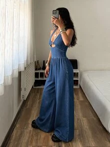 StreetHx Women's Deep V-Neck Buckle Design Sexy Halter Wide Leg Denim Jumpsuit - Blue - View 3