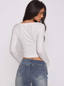 MUSERA Graphic Applique Boatneck Fitted Longsleeve Top Autumn Winter Fall Coolgirl Holiday Everyday Roadside Renegade - Light Grey - View 4