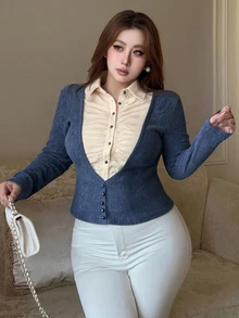 Dazy Plus Korean Style Fitted Colorblock Patchwork 2 In 1 Slim Long Sleeve T-Shirt Date Night Birthday Fall Casual Loose Fit - Blue - View 9