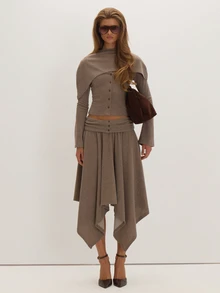 MUSEYN Stone Soft Cape Overlay Button Long Sleeve Top Versatile Everyday Casual Chic New Season Fall - Light Grey - View 2