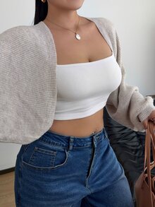 POPSWAY Plus Size Women's Cropped Long Sleeve Cardigan Sweater - Apricot - View 5