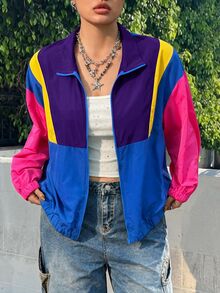 Muchica Autumn/Winter Casual Multi-Color Patchwork Plus Size Jacket - Royal Blue - View 1