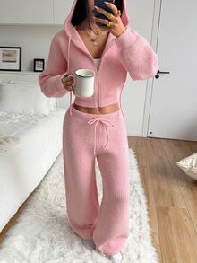 StreetHx Women's Sweet Zipper Hooded Sweater And Drawstring Waist Knit Pants Set - Pink - View 4