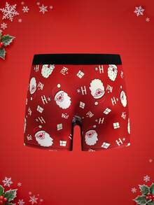 Notgurli Christmas Funny Print Cartoon Santa Claus Gift Box Candy Cane Bell Snowflake Snowman Parent-Child Family Party Men's Mid-Length Boxer Briefs - Red and White - View 2