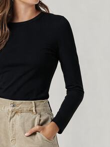 SHEIN BASICS تي شيرت نسائي بلون موحد برقبة دائرية وأكمام طويلة كاجوال متعدد الاستخدامات - أبيض - مشاهدة 5