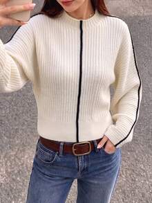 Ritzy Row Women Fall Winter New Crew Neck Textured Batwing Long Sleeve Pullover Sweater, Black Contrast Trim Casual Knit Top - Multicolor - View 3
