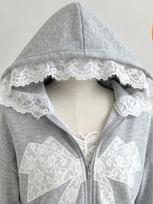 青少年女孩灰色花卉蝴蝶結蕾絲拼接抓絨拉鍊運動衫，對比蕾絲蝴蝶結裝飾，甜美舒適，秋冬款 - 灰色 - 查看 8