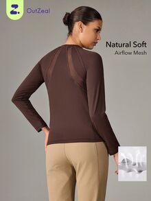 OutZeal Women Sports Tee Gym Daily Casual Soft Stretch Mesh Panel Long Sleeve Active Tops - Brown - View 10