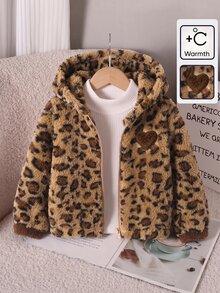 SHEIN Genkimix Kids 女童秋冬休閒時尚豹紋抓絨拉鍊連帽外套開襟衫 - 棕色 - 查看 1