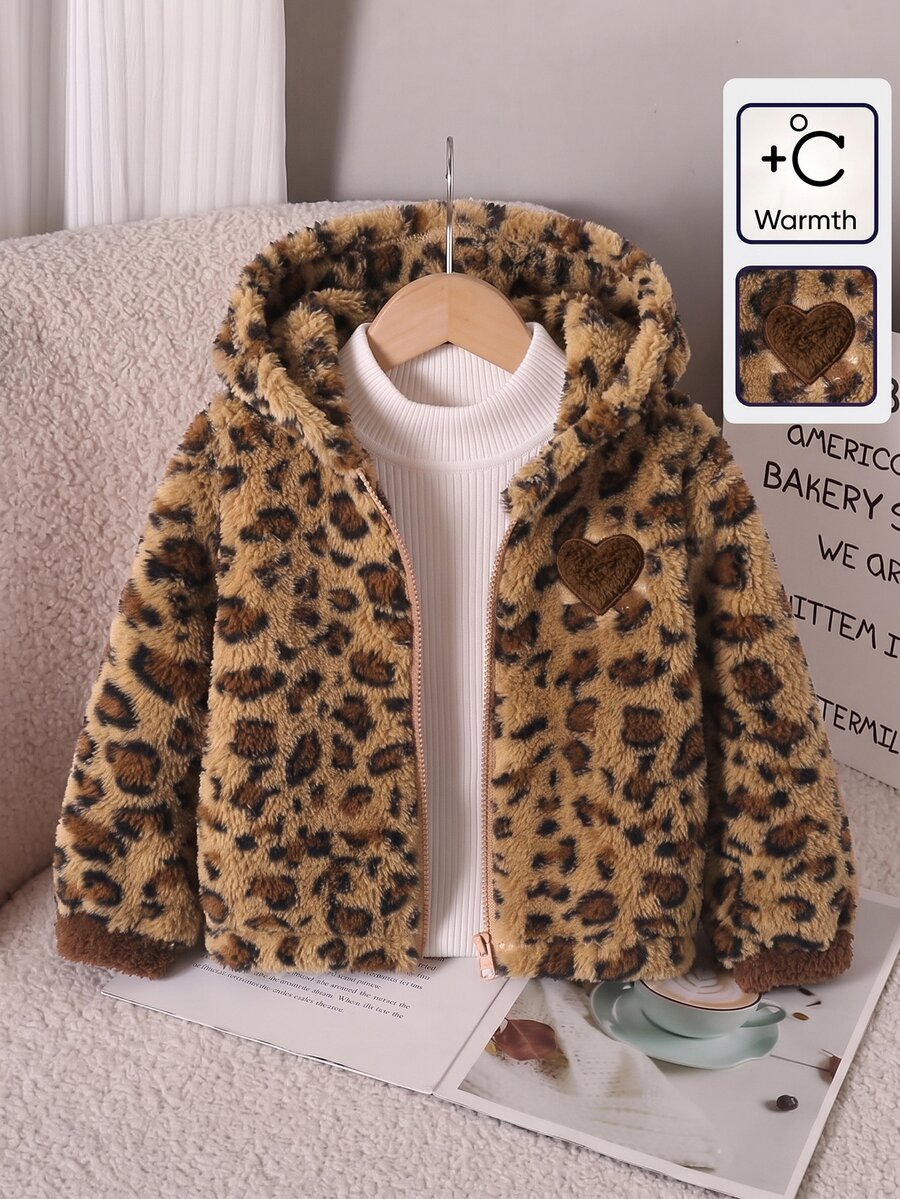 SHEIN Genkimix Kids 女童秋冬休閒時尚豹紋抓絨拉鍊連帽外套開襟衫 - 棕色 - 查看 1
