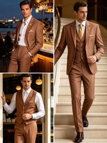 EGENSIO Men's Solid Color Single-Breasted Vest, Long Sleeve Jacket And Trousers Fashion Suit 3 Pieces Set - Coffee Brown - View 3
