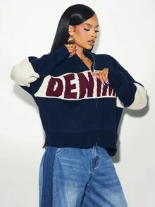 Denimoi Cardigan med bokstavsdesign, färgblock och patchwork - Multifärgad - Visa 5