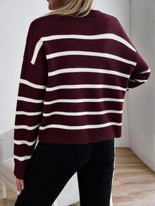 SHEIN Unity كنزة صوفية نسائية مخططة بياقة دائرية وأكمام طويلة منسدلة كاجوال - Merry Berry - مشاهدة 2
