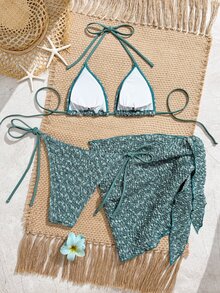 Swim Oasis 女款夏季海灘掛脖綁帶性感比基尼三角褲兩件式泳衣套裝附迷你裙 - 綠色 - 查看 2