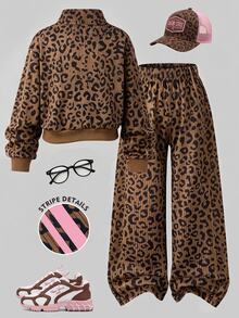 SHEIN Casuvi Kids 青少年女孩春秋冬季休閒兩件套 紐約字母印花立領衛衣與短褲套裝 保暖校園風適合日常穿著、上學通勤、外出散步、購物、旅行，可搭配夾克、背心、鋪棉外套 - 彩色 - 查看 2