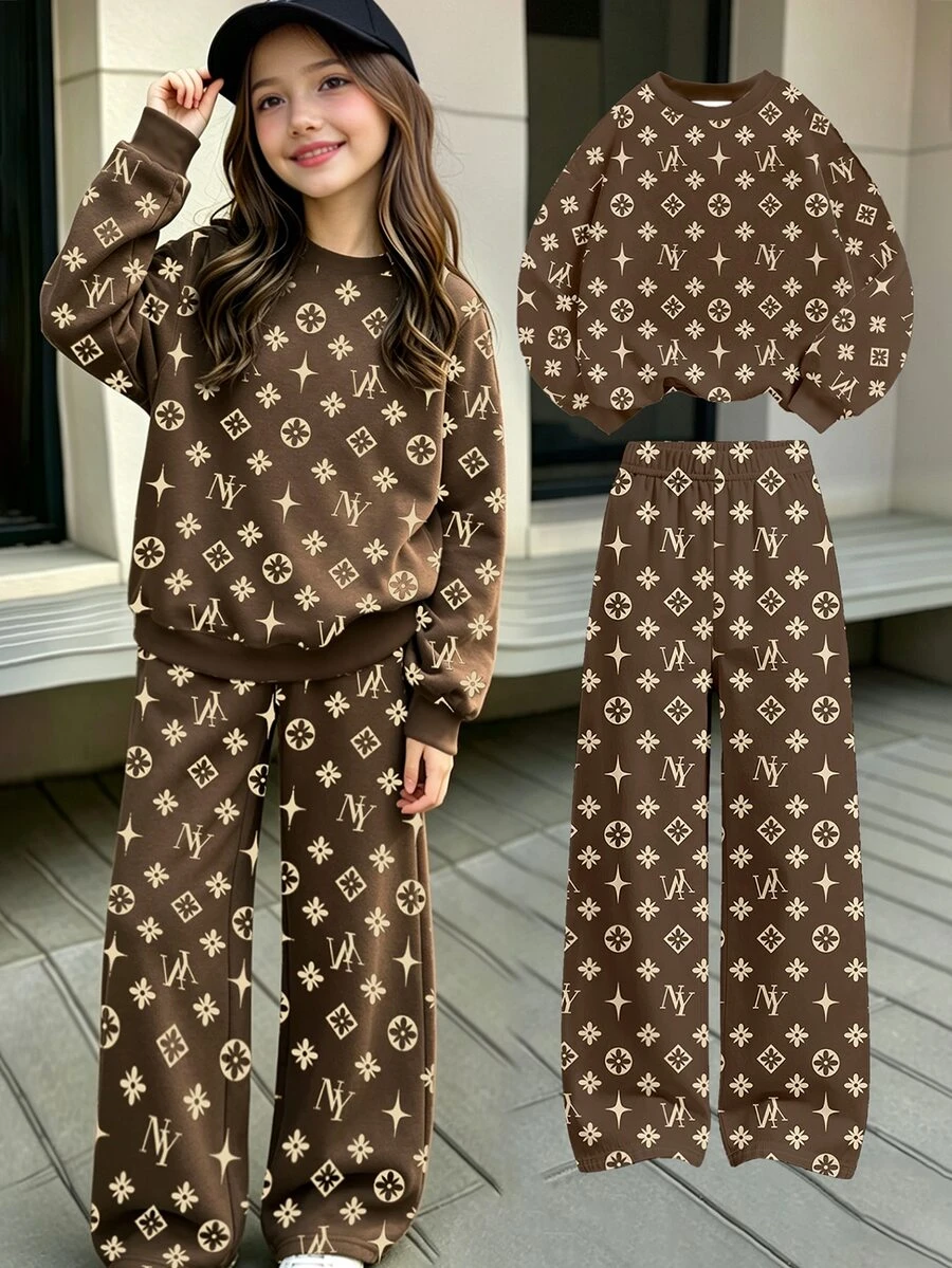 Tween Girls Letter Floral Colorblock Crew Neck Sweatshirt & Wide Leg Pants Set, Brown Beige Fall Winter, 2 Pcs - Multicolor - View 1