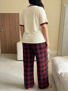 Dazy Plus 2pcs Cute Cartoon Print Colorblock Patchwork Casual Long Pants Loungewear Pajama Set - Multicolor - View 2