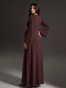 Cheriluna Maternity Elegant Solid Color Thermal Lined Maternity Dress - Coffee Brown - View 2