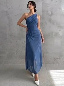 Firerie 女款優雅正式辦公通勤休閒度假派對復古教師風網紗素色連身裙 - 霧霾藍 - 查看 5