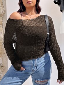 SHEIN EZwear 大尺碼女款街頭紋理長袖上衣 - 巧克力棕 - 查看 3