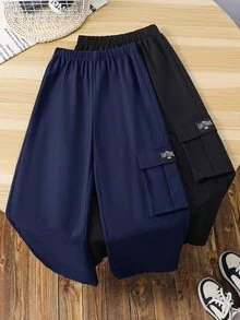 SHEIN 2件組兒童青少年男孩休閒日常舒適工裝褲 直筒寬鬆長褲，黑色工裝褲、海軍藍工裝褲，新年適用，適合戶外穿著，秋冬款 - 彩色 - 查看 4