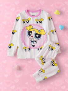 THE POWERPUFF GIRLS X SHEIN 女童圓領長袖上衣與長褲家居服套裝 - 粉色 - 查看 1