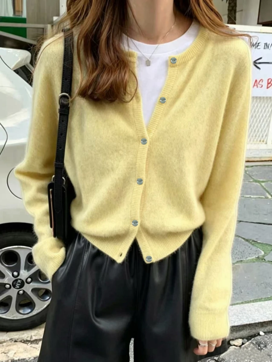 INAWLY 女款素色長袖單排扣休閒針織開襟衫 - 鵝黃色 - 查看 1