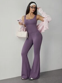 SHEIN Dewbera Minimalist Casual Sports One-Piece Flared Pants - Bold Plum - View 4