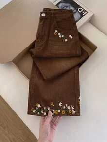 GlowEve 女款夏季花卉刺繡牛仔褲 - 棕色 - 查看 5