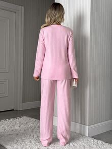 SHEIN Women Pink Cute Panda Embroidery Ribbed Long Sleeve Top & Pants Pajama Set - Pink - View 2