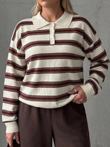 Dazy Plus Sweater Vintage Bergaris dengan Kerah Lipat Motif Patchwork Blok Warna untuk Musim Gugur - Coklat - View 3