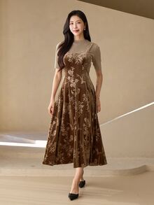 DAZY Elegant Waist-Flattering A-Line Midi Dress For Women - Brown - View 8
