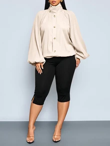 SOLERSUN Plus Size Women's Minimalist Silhouette Stand Collar Lantern Sleeve Lightweight Flight Jacket, Versatile Fashion Outerwear - Apricot - View 6