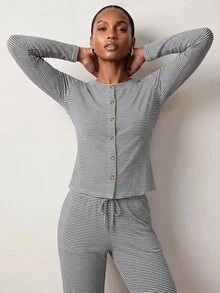 Zivah Women's Striped Button Long Sleeve Top And Drawstring Waist Pants Sportswear Set - Multicolor - View 2