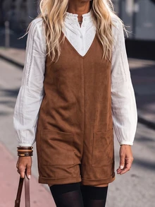 LanaWest Bohemian Vintage Distressed Brown Loose Wide Leg Rolled Hem Cargo Overall Shorts - Brown - View 5