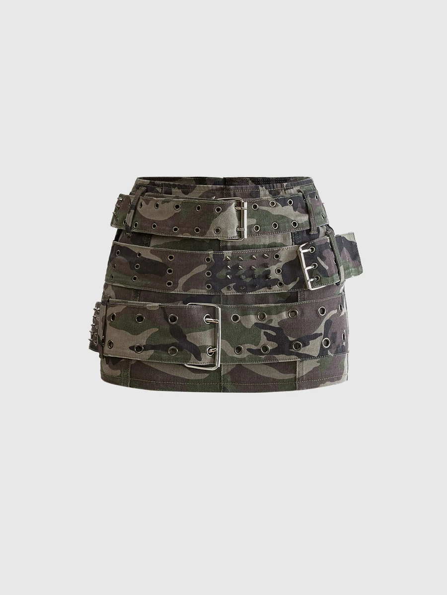 ROMWE Grunge Punk Y2K Vintage Punk Heavy Metal Rivet & Eyelet Belt Decor Women's Denim Mini Skirt - Green - View 1
