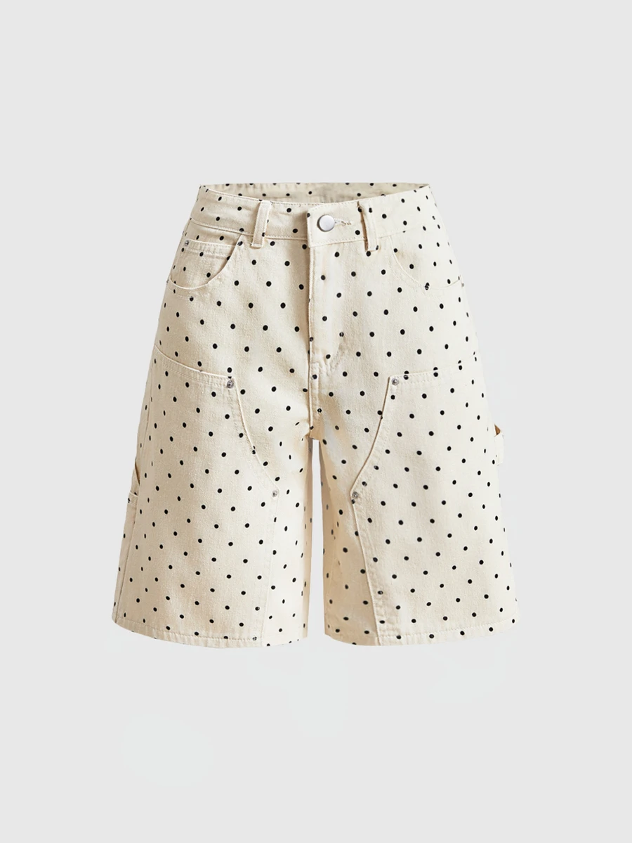 ROMWE Street Life Women's Polka Dot Pattern Pocket Loose Casual Denim Shorts - Multicolor - View 1