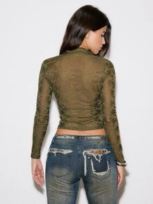 BAD SUNDAY Women's Deep V-Neck Ruffle Long Sleeve Sheer Lace Blouse, Y2K Millennium Style, Autumn/Winter - Green - View 2