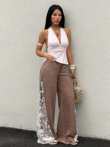 Rivivi 高腰寬鬆對比蕾絲大尺碼女款寬腿牛仔褲，秋冬款 - 卡其色 - 查看 7