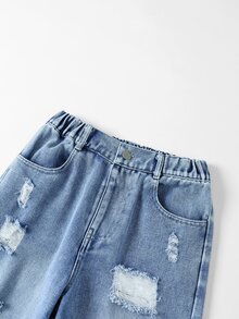 Tween Girls' Vintage Casual Fashion Blue Washed Distressed Ripped Patchwork Heart Embroidery Straight Leg Jeans, Vacation Style, Back To School, Autumn/Winter, All Season Essential - Medium Wash - View 5
