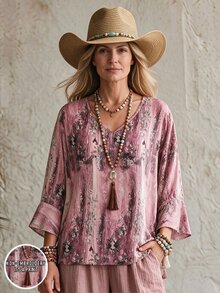 SHEIN Holidaya 花卉印花V領3/4喇叭袖上衣，適合中老年女性 - 粉色 - 查看 2
