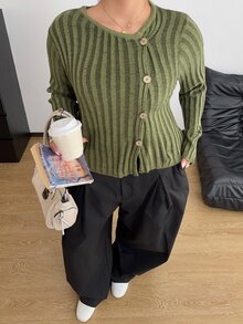 POPSWAY Cardigan Sweater Lengan Panjang Wanita Ukuran Plus Kasual Warna Hijau Bergaris Asimetris Kancing Tunggal - Hijau - View 6