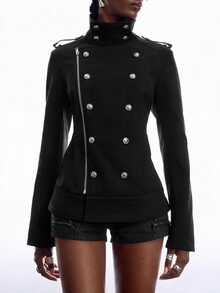 LYSMO Jaket Napoleon Kasual Lengan Panjang Kancing Ganda dengan Resleting di Bagian Depan untuk Wanita - Hitam - View 3