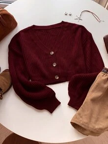 SHEIN EZwear 純色鈕扣前開襟羅紋針織開襟衫，長袖上衣，秋冬針織毛衣 - 酒紅色 - 查看 4