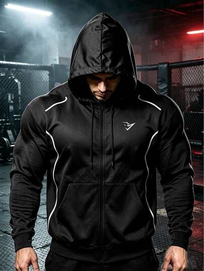 GymBeat Jaket Olahraga Pria Lengan Panjang Motif Geometris dengan Resleting dan Tudung serta Tali Serut