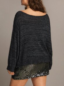 Freevana Plus Size Korean Style Gold & Silver Metallic Thread Long Sleeve Fashion Pullover Sweater - Grey - View 2