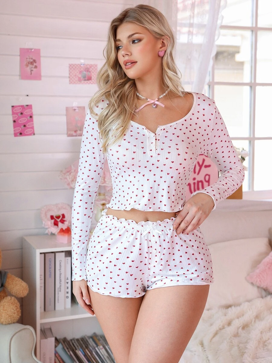 PetitDoll 2pcs Set Ribbed Print Heart Long Sleeve Top + Shorts - Red and White - View 1