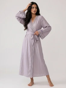 DAZY Women's Soft Lace Patchwork Comfortable Sleepwear Robe For Home Leisure - Purple - View 5