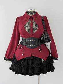 Sunspun Plus Size Dark Style Shirt Collar Lace Patchwork Puff Long Sleeve Blouse - Burgundy - View 7