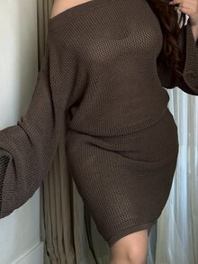 Vibekara Autumn/Winter Asymmetrical Shoulder Hollow-Out Slimming Bodycon Knit Mini Dress - Maroon - View 6
